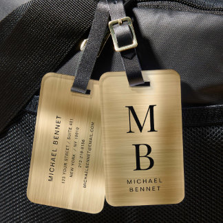 Étiquette À Bagage Élégant Monogrammé Métal Doré Brossé