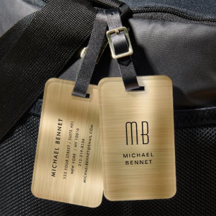 Étiquette À Bagage Élégant Monogrammé Métal Doré Brossé