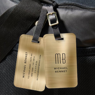 Étiquette À Bagage Élégant Monogrammé Métal Doré Brossé
