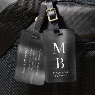 Étiquette À Bagage Élégant Monogrammé Métal Noir Brossé