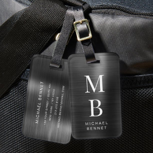 Étiquette À Bagage Élégant Monogramme Métal Noir Brossé
