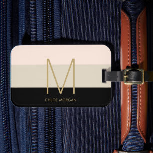 Étiquette À Bagage Élégant monogramme noir beige rose