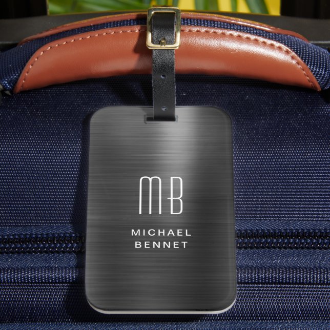 Étiquette À Bagage Élégant Monogramme Noir brossé Métallique (Insitu Rectoal 2)