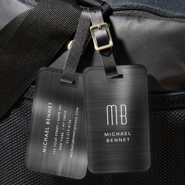 Étiquette À Bagage Élégant Monogramme Noir brossé Métallique (Elegant Monogram Black Brushed Metallic Luggage Tag)