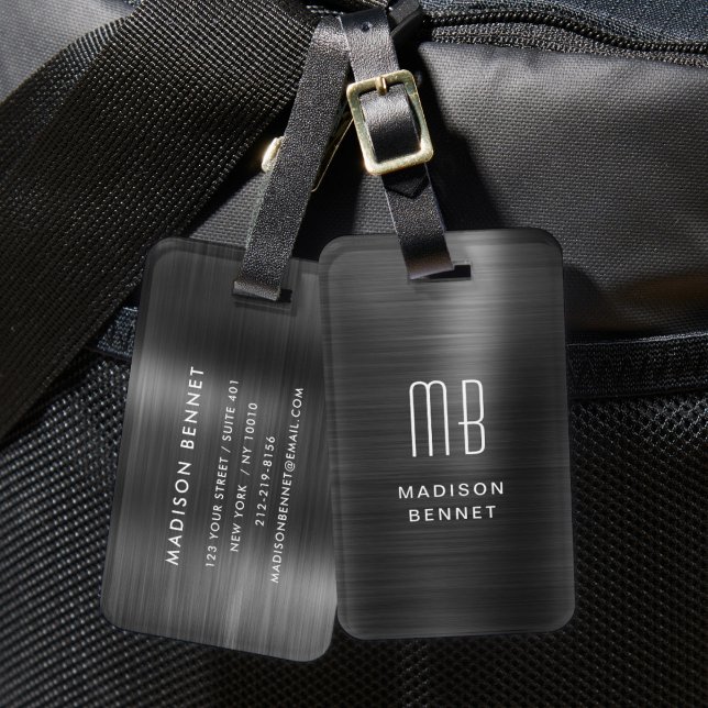 Étiquette À Bagage Élégant Monogramme Noir brossé Métallique (Elegant Monogrammed Black Brushed Metallic Luggage Tag)