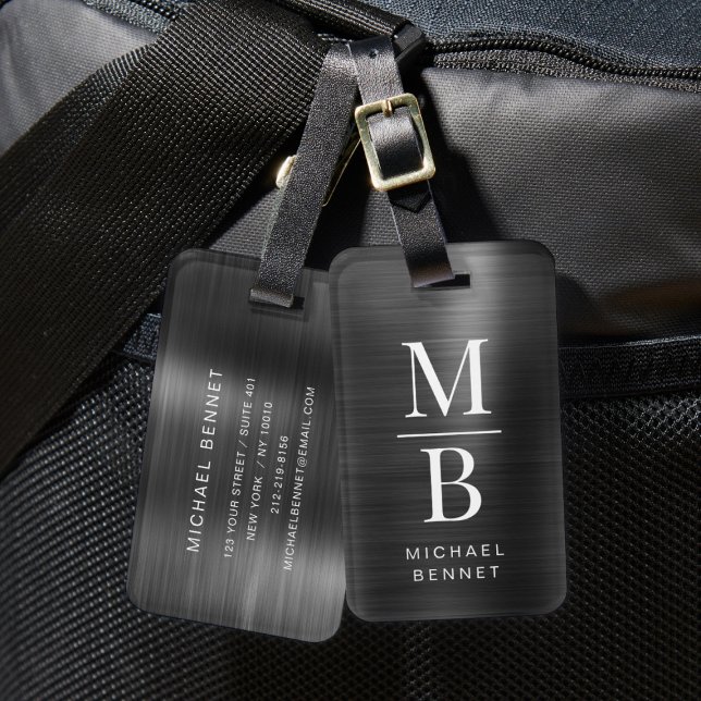 Étiquette À Bagage Élégant Monogramme Noir brossé Métallique (Elegant Monogrammed Black Brushed Metallic Luggage Tag)
