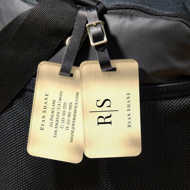 Étiquette À Bagage Élégant Monogramme noir & Nom, Or brossé (Créateur téléchargé)