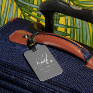 Étiquette À Bagage Élégant Monogramme Nom du voyageur Grey
