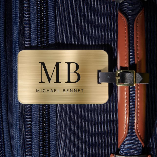 Étiquette À Bagage Élégant Monogramme Or Brossé Métallique (Insitu Rectoal 4)