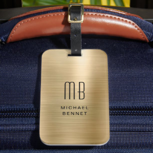 Étiquette À Bagage Élégant Monogramme Or Brossé Métallique
