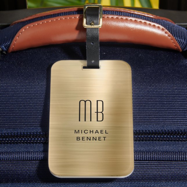 Étiquette À Bagage Élégant Monogramme Or Brossé Métallique (Insitu Rectoal 2)