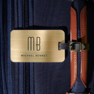 Étiquette À Bagage Élégant Monogramme Or Brossé Métallique