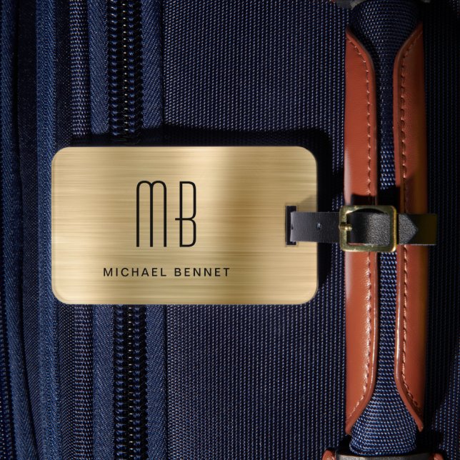 Étiquette À Bagage Élégant Monogramme Or Brossé Métallique (Insitu Rectoal 4)