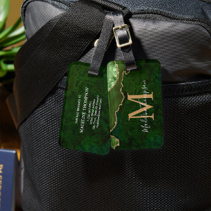 Étiquette À Bagage Élégant Monogramme Or Géode Vert Agate