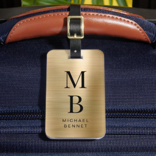 Étiquette À Bagage Élégant Monogrammé Or Métallisé Brossé