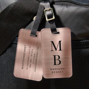 Étiquette À Bagage Élégant Monogrammé Or Rose Brossé Métallisé
