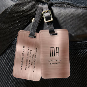 Étiquette À Bagage Élégant Monogrammé Or Rose Métal Brossé