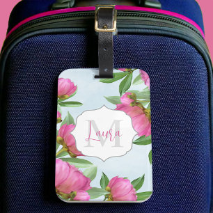 Étiquette À Bagage Élégant Monogramme Pink Botanical Peonies Élégant