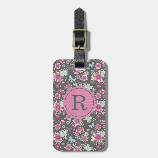 Étiquette À Bagage Élégant Monogramme rose floral valise Balise (Devant Vertical)