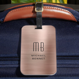 Étiquette À Bagage Élégant Monogramme Rose Or brossé métal