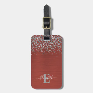 Étiquette À Bagage Élégant Monogramme Rouge brossé Métal