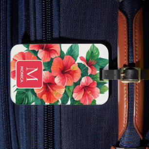 Étiquette À Bagage Élégant monogramme rouge Hawaii Hibiscus Tropical