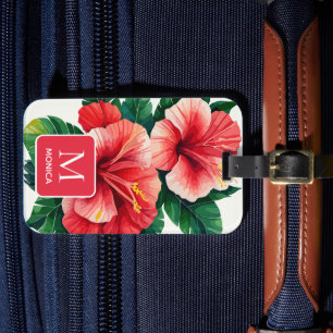 Étiquette À Bagage Élégant monogramme rouge Hawaii Hibiscus Tropical