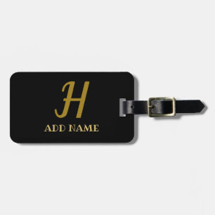 Étiquette À Bagage Élégant Monogramme Script Modern Black Gold Ajoute