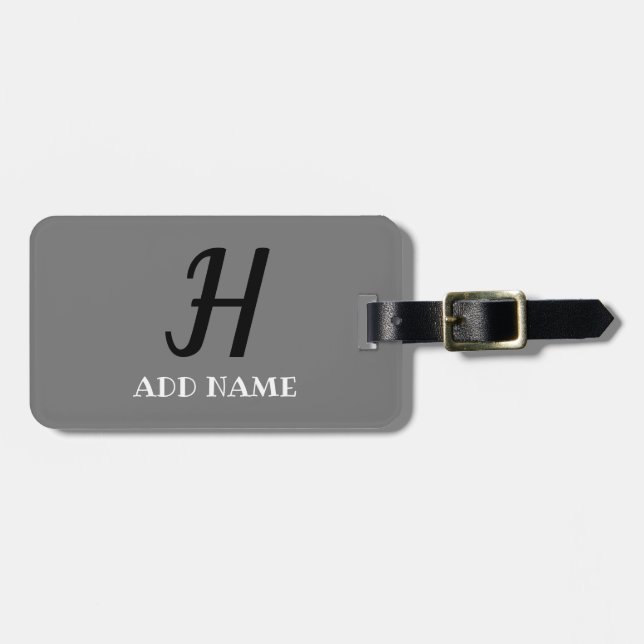 Étiquette À Bagage Élégant Monogramme Script Modern Grey Black Ajoute (Devant horizontal)