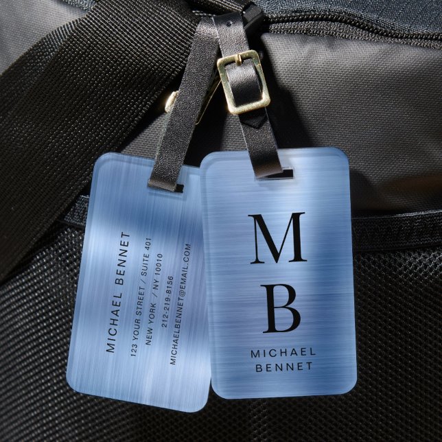 Étiquette À Bagage Elegant Monogrammed Blue Brushed Metallic (Elegant Monogrammed Blue Brushed Metallic Luggage Tag)