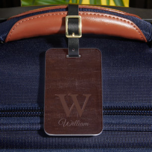 Étiquette À Bagage Élégant noir Brown Vache Cuir Texture Monogramme