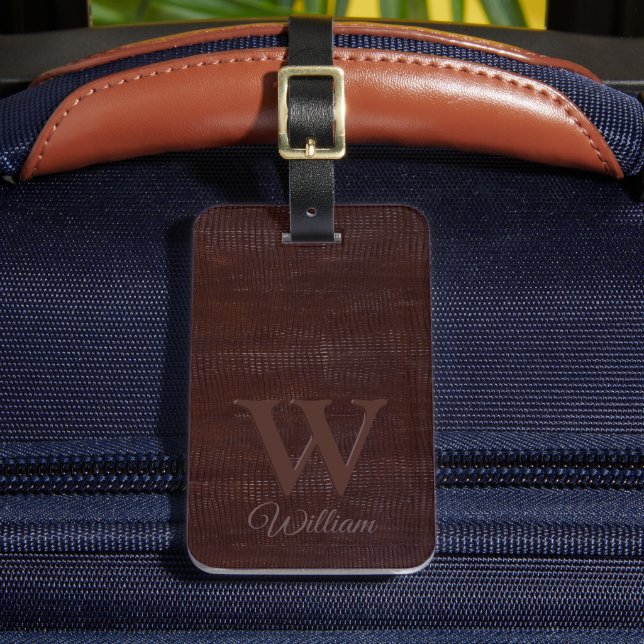 Étiquette À Bagage Élégant noir Brown Vache Cuir Texture Monogramme (Insitu Rectoal 2)