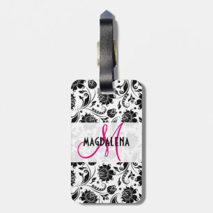 Étiquette À Bagage Élégant noir et blanc Damas florales 2 Monogrammes