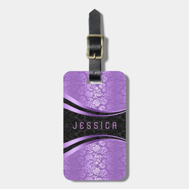 Étiquette À Bagage Élégant noir & lavande Motif de Damas florales (Devant Vertical)