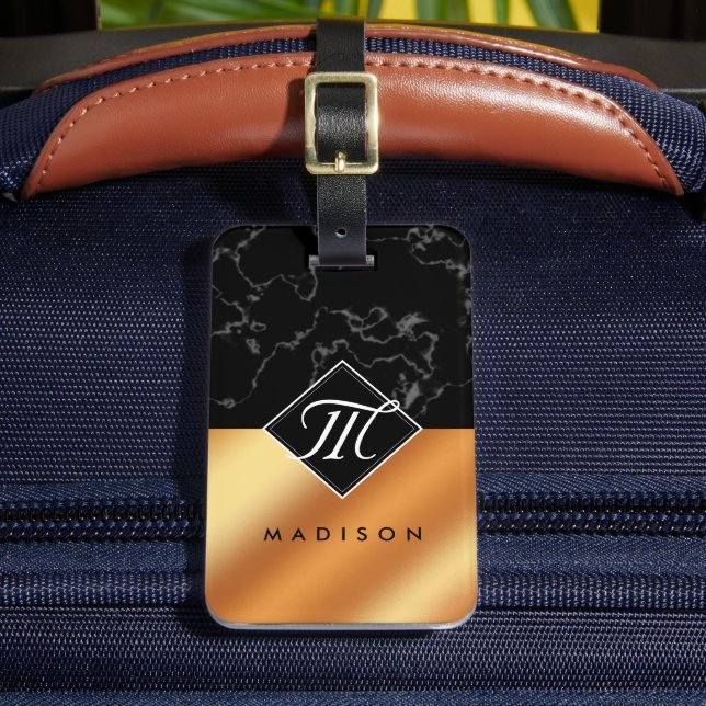 Étiquette À Bagage Élégant noir marbre et cuivre Script Monogramme (Insitu Rectoal 2)