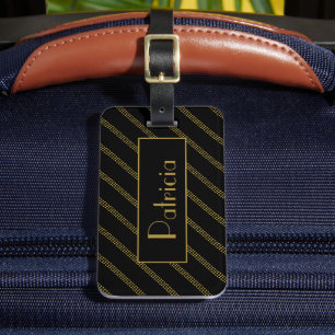 Étiquette À Bagage Élégant Noir moderne avec lignes or pointillé