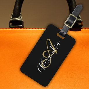 Étiquette À Bagage Élégant Noir Monogramme Or Nom de script élégant