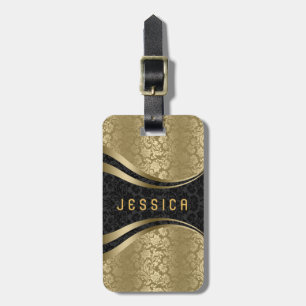 Étiquette À Bagage Elégant noir & or Floral Damas Motif 2