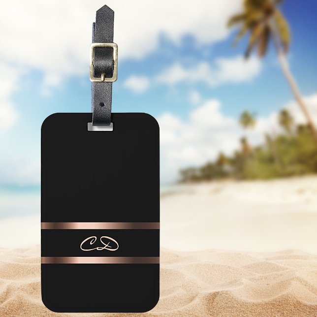 Étiquette À Bagage Élégant noir rose or monogramme initiales (Créateur téléchargé)