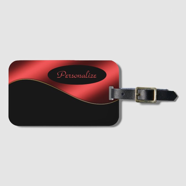 Étiquette À Bagage Elégant Noir Rouge Design élégant Wave Personnalis (Devant Horizontal)