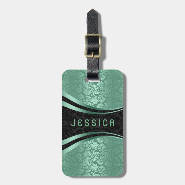 Étiquette À Bagage Élégant noir & vert Motif de Damas Florales (Devant Vertical)