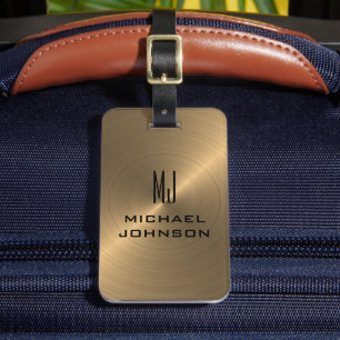 Étiquette À Bagage Élégant Or Brossé Métallique Monogramme Initial 