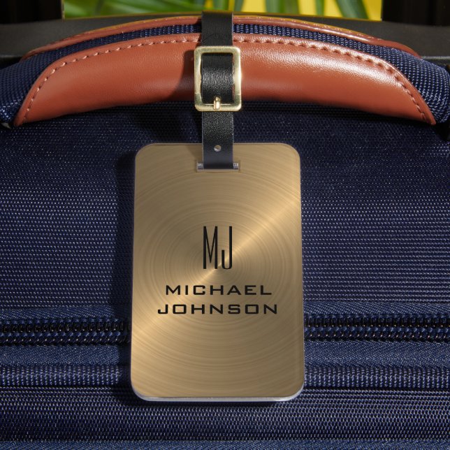Étiquette À Bagage Élégant Or Brossé Métallique Monogramme Initial  (Insitu Rectoal 2)