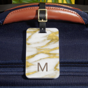 Étiquette À Bagage Elégant or et Marbre blanc Motif et Monogramme