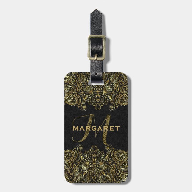 Étiquette À Bagage Elégant Or Et Noir Floral Paisley Dentelle (Devant Vertical)