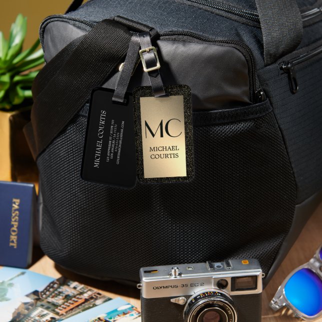 Étiquette À Bagage Élégant or et noir métal monogramme Nom (Recto & Verso)