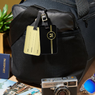 Étiquette À Bagage Élégant or Monogramme personnalisé sur noir