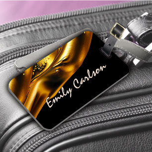 Étiquette À Bagage Élégant or noir et faux liquide
