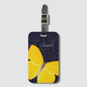 Étiquette À Bagage Elégant Papillon jaune Noir Damas Ajouter le nom i