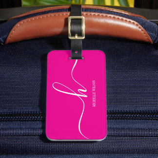 Étiquette À Bagage Elegant Pink White Monogram Initial Script Name 